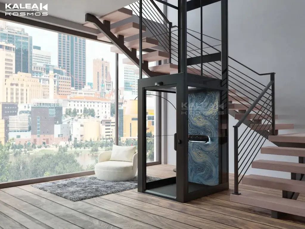 blue and black home lift next to stairs