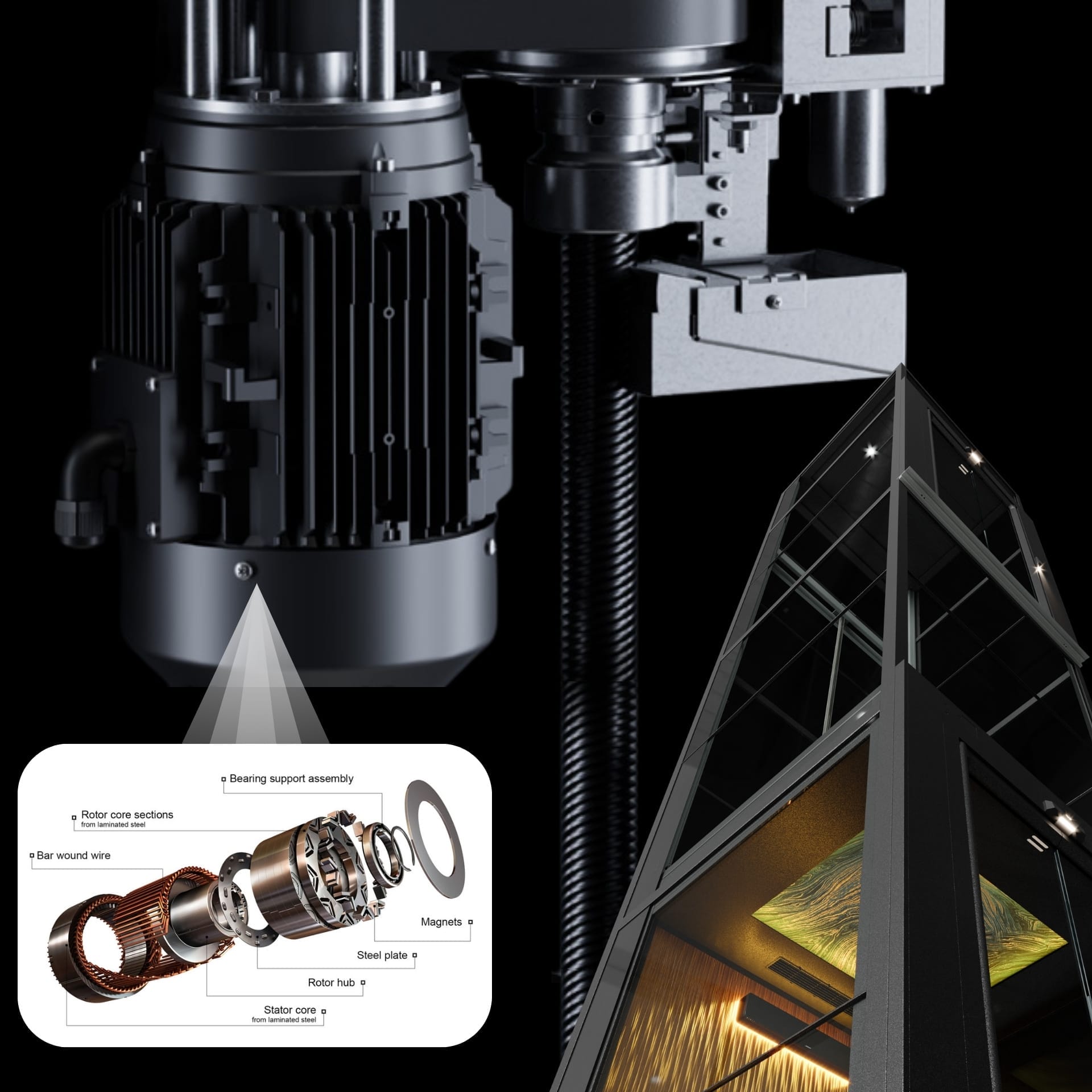 KALEA Lift & ANTERA Lift มาพร้อมกับ PMSM Motor (Permanent Magnet Synchronous Motor) หรือมอร์เตอร์ซิงโครนัส ชนิดแม่เหล็กถาวรที่ถือว่าเป็นมอร์เตอร์ที่มีประสิทธิภาพในการทำงานสูงสุดคือมอร์เตอรืชนิดไฟฟ้ากระแสสลับที่ให้เสียงเงียบมากกว่าที่่เคยมีมา